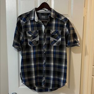 BKE Men's Black and Blue Plaid Button Down Shirt